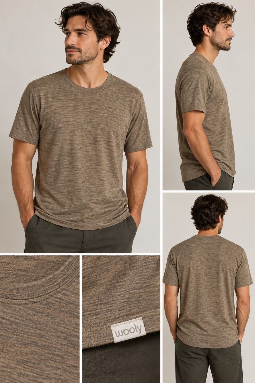 Wooly 100% Merino Wool T Shirt Mens L Brown Heather Crewneck Short Sleeve Natura